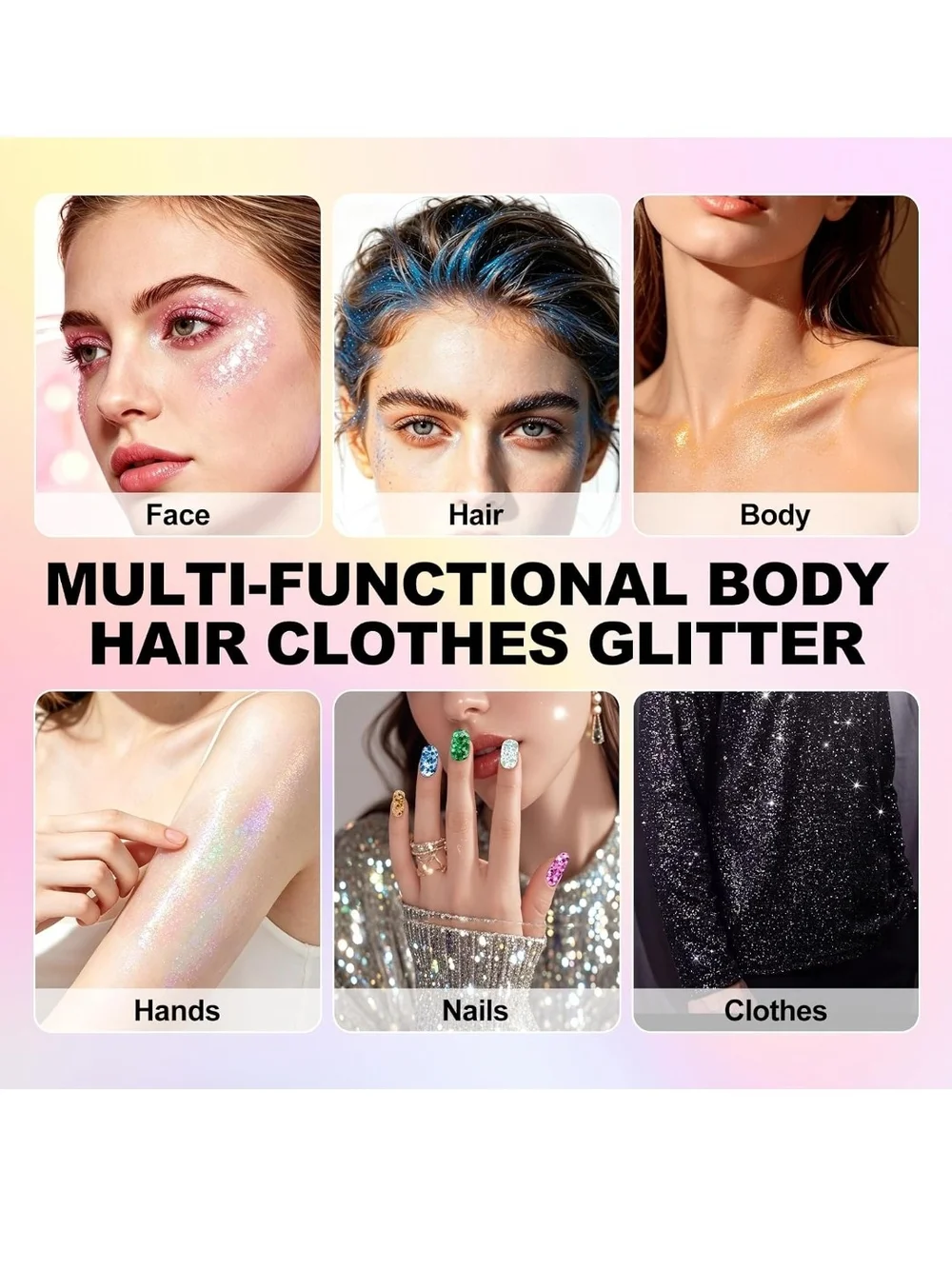 3-in-1 Body Face Hair Glitter Set, Sparkling White Iridescent Glitter Gel